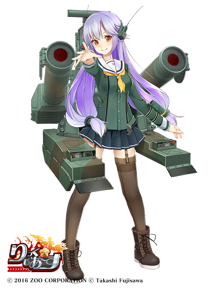 1girl black_skirt boots brown_boots brown_eyes brown_thighhighs copyright_name female_focus full_body garter_belt hair_ornament lace-up_boots long_hair low-tied_long_hair military military_vehicle motor_vehicle official_art outstretched_hand personification purple_hair radiosity_(yousei) rick_g_earth school_uniform serafuku skirt smile solo standing tank thighhighs two_side_up watermark