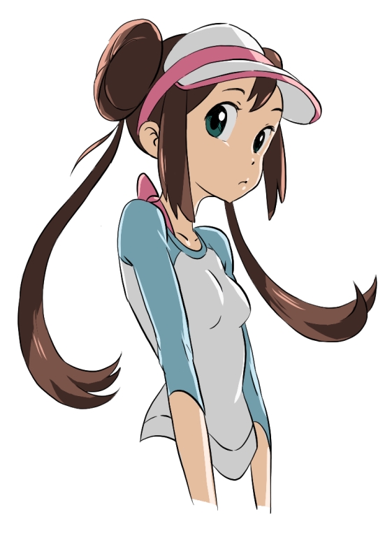 1girl anime_coloring brown_hair closed_mouth donut_hair_bun green_eyes hair_bun jitsusan long_hair looking_to_the_side nintendo pokemon pokemon_bw2 raglan_sleeves rosa_(pokemon) sidelocks simple_background solo upper_body visor_cap white_background