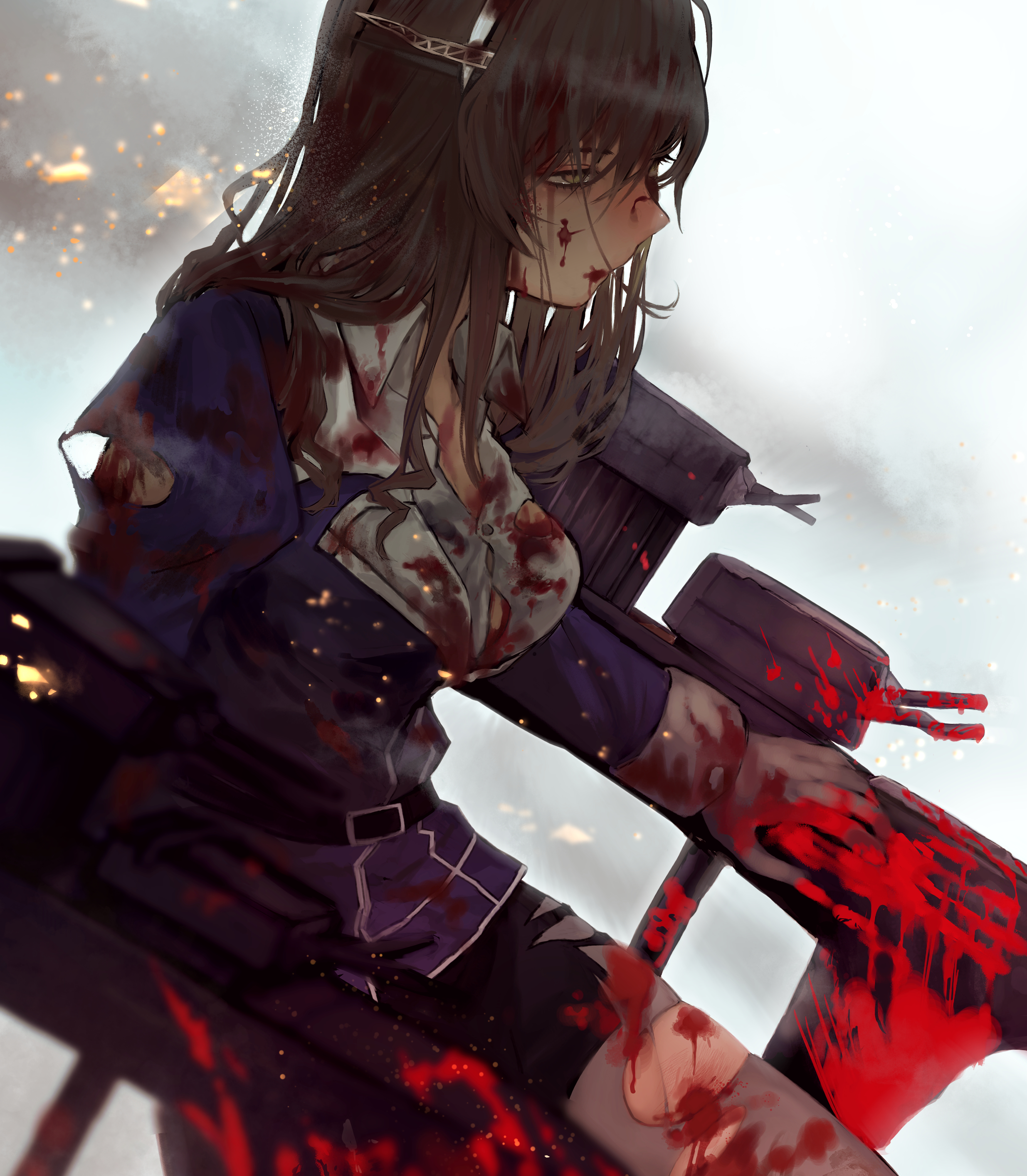 1girl absurdres ashigara_(kancolle) ashigara_kai_ni_(kancolle) blood blood_in_hair blood_on_clothes blood_on_hands blood_on_leg bloody_weapon breasts brown_eyes brown_hair fire gloves hagioshi hairband highres injury jacket kantai_collection long_hair long_sleeves pantyhose pencil_skirt purple_jacket rigging shirt skirt smoke solo torn_clothes torn_pantyhose torn_shirt wavy_hair weapon white_gloves white_hairband white_pantyhose white_shirt