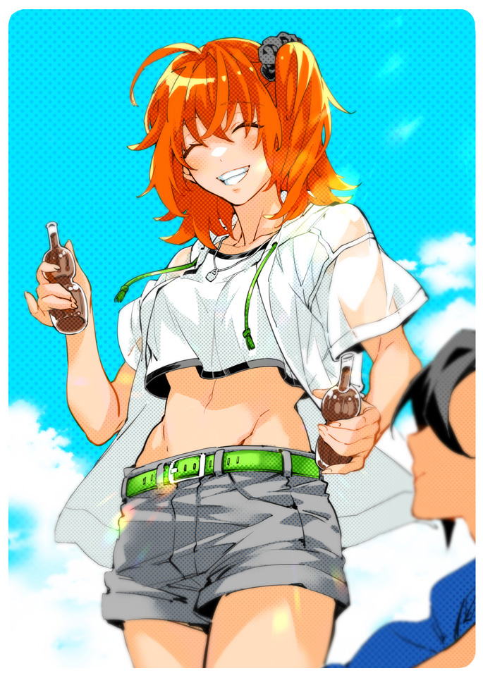 1boy 1girl ahoge black_hair blurry blurry_foreground border bottle closed_eyes drawstring facing_viewer fate/grand_order fate_(series) fujimaru_ritsuka_(female) fujimaru_ritsuka_(female)_(summer_street) green_eyes grey_shorts grin hair_ornament hair_scrunchie happy holding holding_bottle jacket jewelry kotobuki_toro mandricardo_(fate) midriff navel necklace one_side_up orange_hair outdoors scrunchie shirt short_sleeves shorts smile soda white_border white_jacket white_shirt