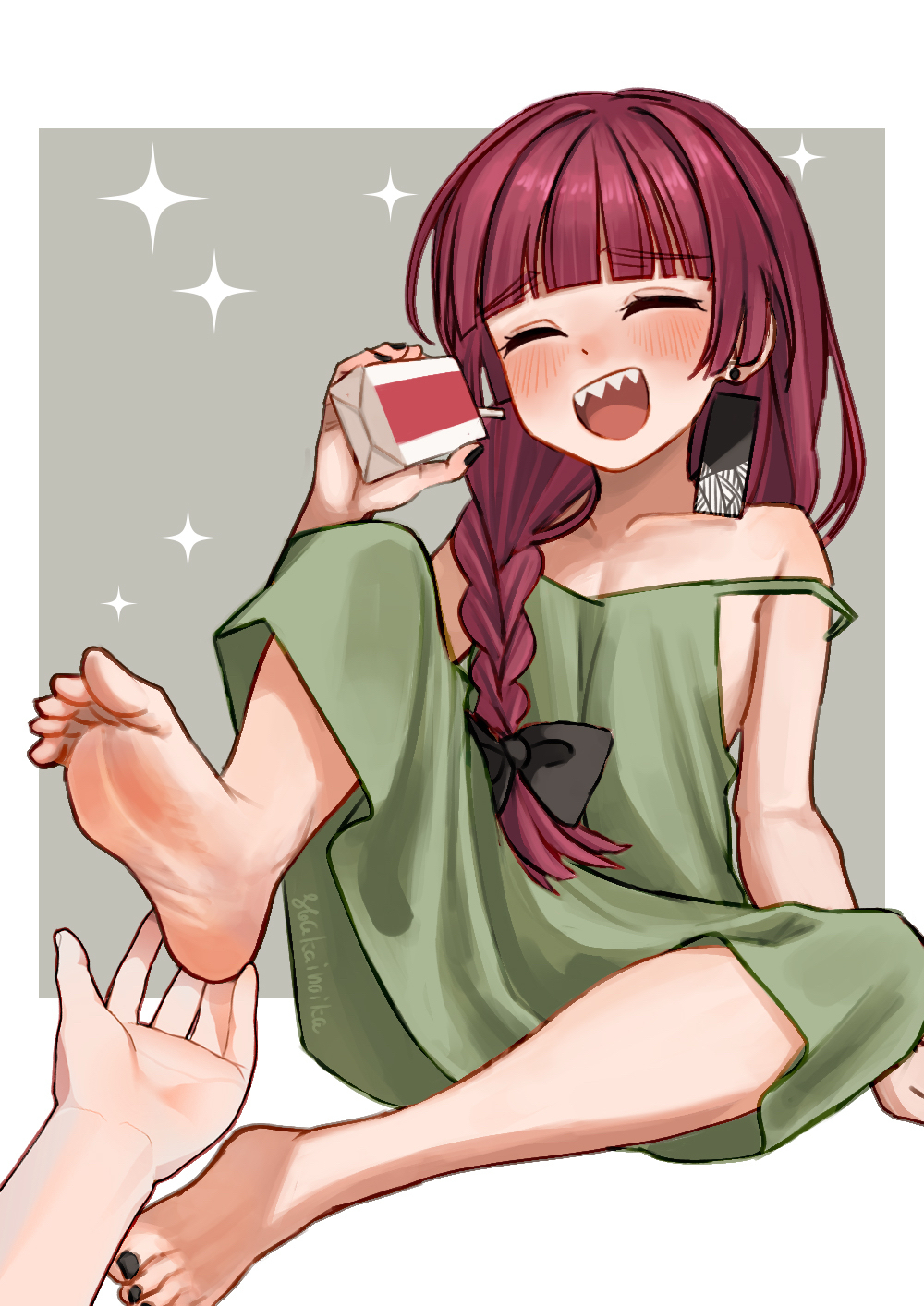 1girl 1other alcohol_carton artist_name barefoot black_ribbon blush bocchi_the_rock! closed_eyes dress drunk earrings eyebrows_hidden_by_hair feet flat_chest foot_focus full_body green_dress hair_ribbon hakai_no_ika highres hiroi_kikuri holding_carton jewelry leg_up long_hair nail_polish ofuda_earrings open_mouth red_hair ribbon sharp_teeth simple_background sitting smile soles teeth toenail_polish toenails toes
