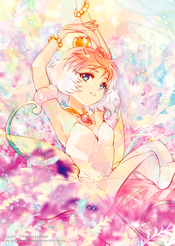1girl ahiru_(princess_tutu) ahoge arms_up blue_eyes bracelet crown dress jewelry kaze-hime mini_crown parted_lips pink_hair princess_tutu princess_tutu_(character) short_hair solo tutu white_dress