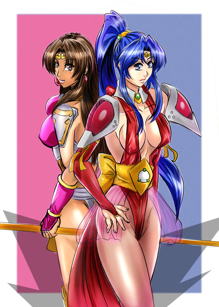 2girls arm_support armor ass behind_another blue_eyes blue_hair bow bracelet breasts bridal_gauntlets brown_eyes brown_hair choujin_gakuen_gowcaizer circlet cleavage collar covered_erect_nipples dark-skinned_female dark_skin earrings elbow_gloves fang fingerless_gloves gloves hair_between_eyes hair_ornament highleg highleg_leotard hishizaki_shaia_(gowcaizer) holding holding_weapon jewelry large_breasts leotard lips lipstick loincloth long_hair looking_at_viewer magical_girl makeup multiple_girls panties pantyhose penzoom ponytail revealing_clothes shoulder_armor shoulder_pads sideboob smile son_karin standing tan technos tiara underwear weapon yellow_bow