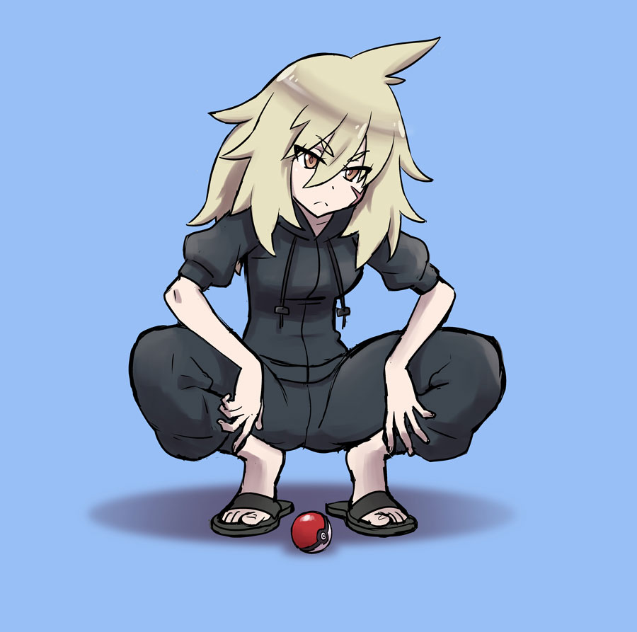1girl black_pants brown_eyes cross_scar facial_scar female_focus full_body hood hoodie kjech nintendo osoro_shidesu pants poke_ball poke_ball_(basic) pokemon sandals scar scar_on_cheek scar_on_face solo squatting white_hair yandere_simulator