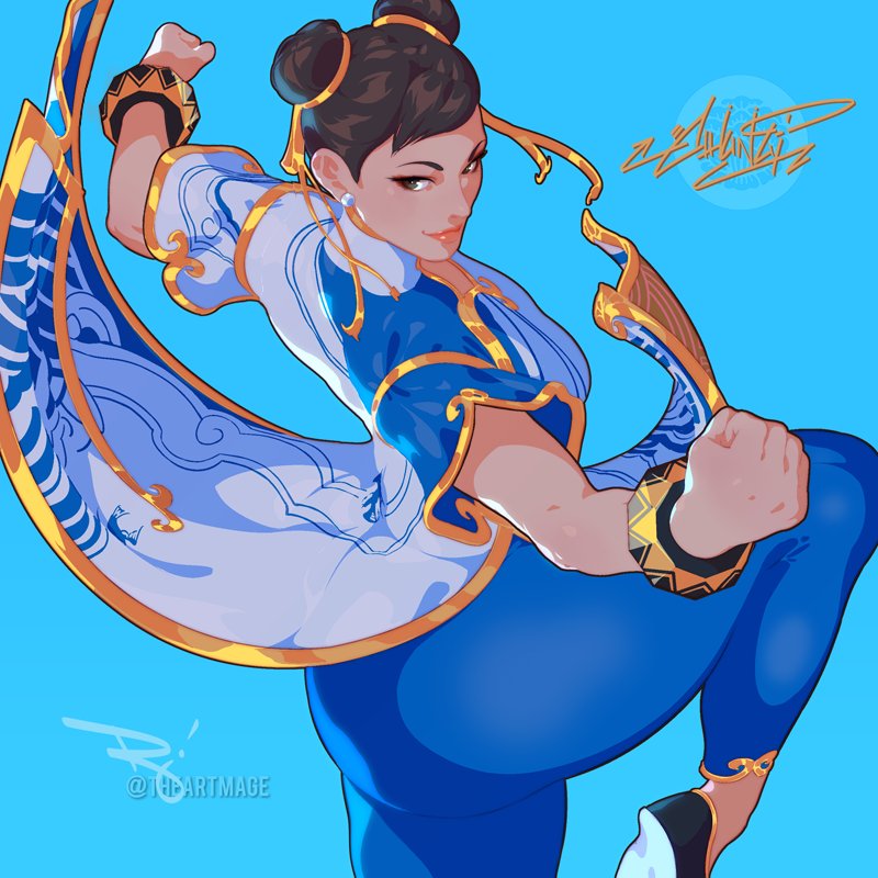 1girl artist_name ass back black_hair black_shoes blue_background blue_dress blue_leggings blush bracelet breasts brown_eyes bun_cover capcom china_dress chinese_clothes chun-li clenched_hands closed_mouth commentary double_bun dress earrings english_commentary fighting_stance fingernails full_body gold gold_trim hair_bun jewelry large_breasts leg_up leggings looking_at_viewer medium_breasts open_mouth outstretched_arms pelvic_curtain puffy_short_sleeves puffy_sleeves sash shiny_clothes shoes short_hair short_sleeves side_slit signature simple_background smile solo street_fighter the_art_mage