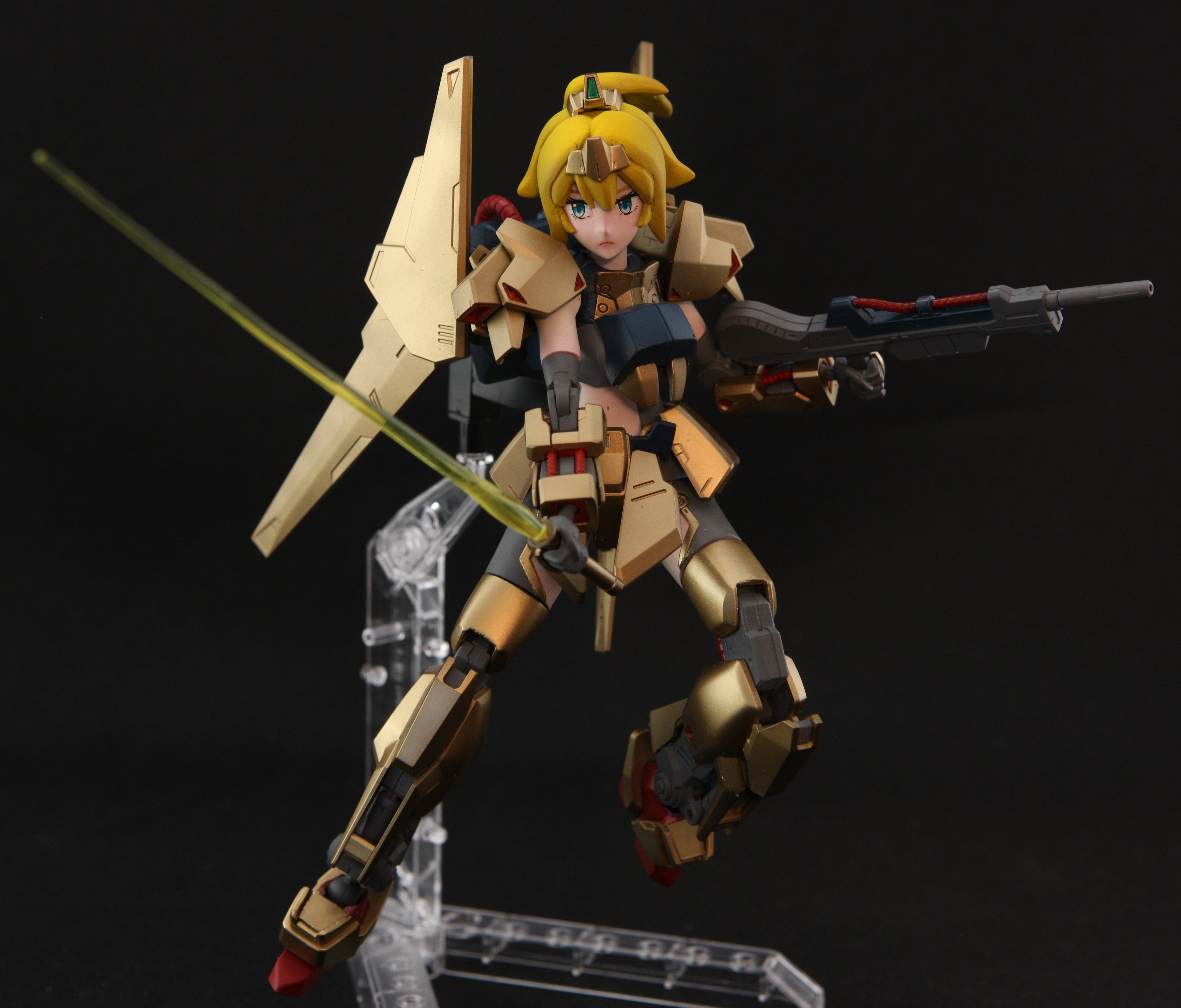 1girl absurdres beam_rifle energy_sword black_background blonde_hair blue_eyes commentary cosplay energy_gun english_commentary gun gundam gunpla hat_(thehatweaver) highres holding holding_gun holding_sword holding_weapon hoshino_char hyaku_shiki hyaku_shiki_(cosplay) mecha_musume model_kit model_kit_(medium) navel photo_(medium) ponytail solo sword tsunderia twisted_torso unconventional_media virtual_youtuber weapon zeta_gundam
