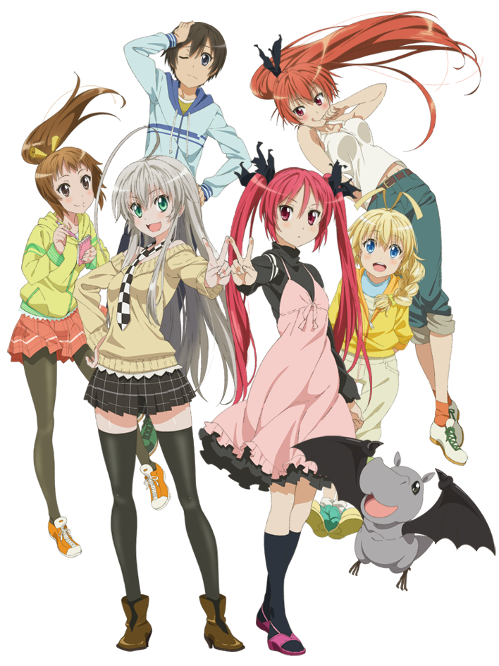 2boys 4girls :d :p ahoge ankle_boots black_eyes blonde_hair blue_eyes boots bow brown_eyes brown_hair content_rating cthugha_(nyaruko-san) cuune_(nyaruko-san) dress full_body green_eyes hair_bow haiyore!_nyaruko-san hand_on_own_hip hastur_(nyaruko-san) hood hoodie huge_ahoge kurei_tamao long_hair multiple_boys multiple_girls necktie notepad nyarlathotep_(nyaruko-san) official_art one_eye_closed open_mouth orange_hair pantyhose pen pink_dress ponytail raglan_sleeves red_eyes red_hair shantak_(nyaruko-san) shoes silver_hair skirt smile sneakers socks thighhighs tongue tongue_out transparent_background turtleneck twintails very_long_hair wink yasaka_mahiro