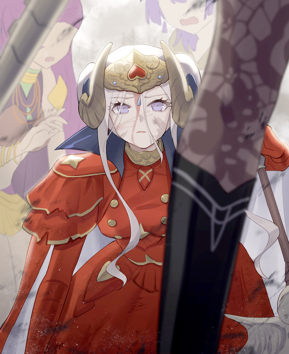 4girls bernadetta_von_varley bernadetta_von_varley_(timeskip) black_footwear black_pantyhose blood blood_on_face blood_stain blurry boots breasts female_byleth_(fire_emblem) cape collared_cape commentary_request crop_top depth_of_field dirty dirty_face double_bun dress dust_cloud edelgard_von_hresvelg edelgard_von_hresvelg_(timeskip) fake_horns fire_emblem fire_emblem:_three_houses hair_bun hair_up hand_up headpiece high_collar highres horns kneeling large_breasts leaning_forward long_dress long_sleeves looking_up multiple_girls nintendo no_eyes open_mouth outdoors pantyhose petra_macneary petra_macneary_(timeskip) purple_eyes purple_hair qi&#039;e_(penguin) red_cape red_dress short_hair solo_focus standing sweatdrop tan white_hair
