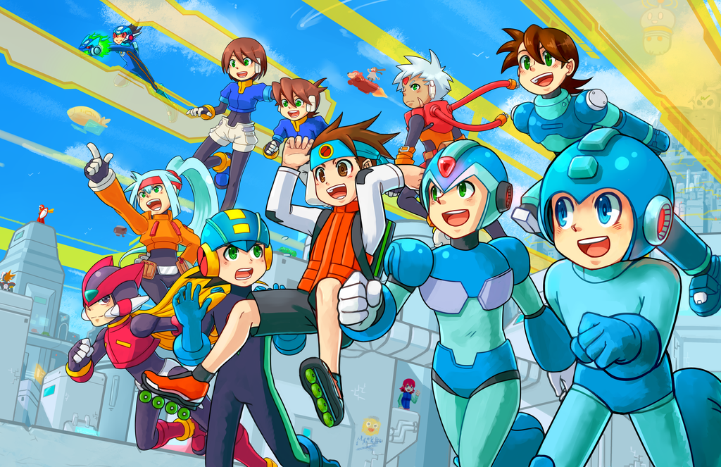 2girls 6+boys aile_(mega_man_zx) android ashe_(mega_man) axl_(mega_man) black_shorts blonde_hair blue_eyes blue_gloves blue_hair blush brown_eyes brown_hair capcom child closed_mouth flying gloves green_eyes grey_(mega_man) grey_hair headband helmet hoshikawa_subaru long_hair mayl_sakurai_(mega_man) mega_man_(character) mega_man_(classic) mega_man_(series) mega_man_battle_network mega_man_star_force_(series) mega_man_volnutt mega_man_x_(series) mega_man_zero_(series) mega_man_zx mega_man_zx_advent megaman.exe multiple_boys multiple_girls open_mouth pointing proto_man roller_skates running short_hair shorts skates skycompass smile teeth tongue vent_(mega_man) white_gloves white_shorts x_(mega_man) zero_(mega_man)