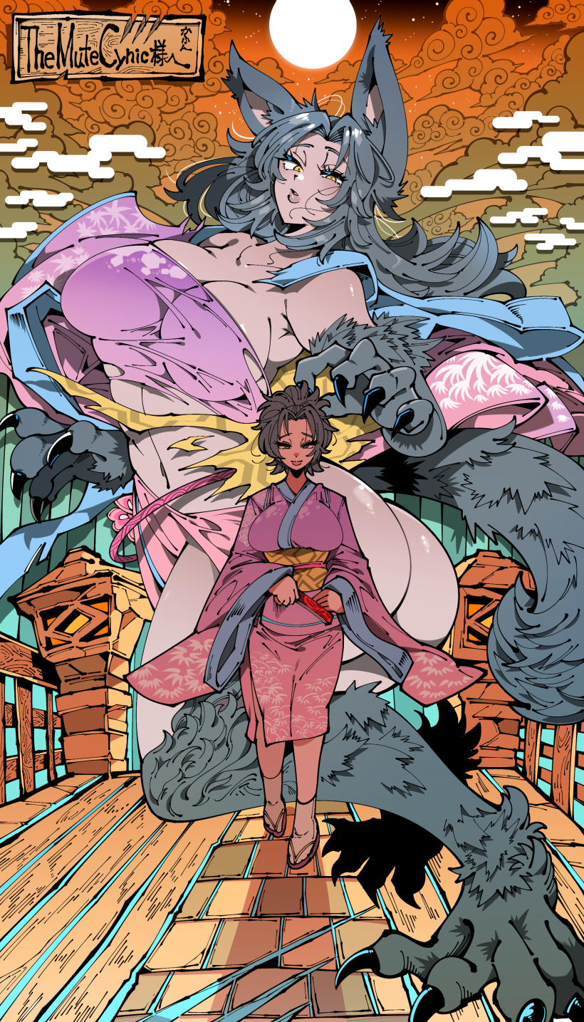 2girls animal_ears animal_hands animal_legs ass breasts claws cleavage cloud collarbone full_body green_eyes grey_hair highres japanese_clothes kafun kimono large_breasts lips long_hair looking_at_viewer moon multiple_girls navel night night_sky original parted_lips purple_kimono sandals shadow short_hair sky socks tail torn_clothes wolf_ears wolf_tail yellow_eyes