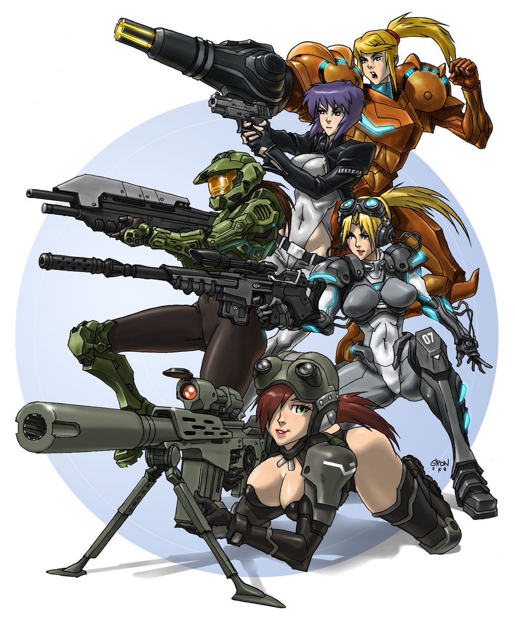 5girls arm_cannon armor battle_rifle breasts bullpup cleavage crossover directed-energy_weapon energy_cannon energy_weapon ghost_(starcraft) ghost_in_the_shell gun halo halo_(game) halo_(series) highres kelly_087 killzone kusanagi_motoko large_breasts made_in_2008 metroid multiple_girls nicole-458 nintendo nova_(starcraft) november_terra power_armor power_suit_(metroid) rifle rifling s2ka samus_aran skin_tight sniper_rifle starcraft underboob varia_suit weapon