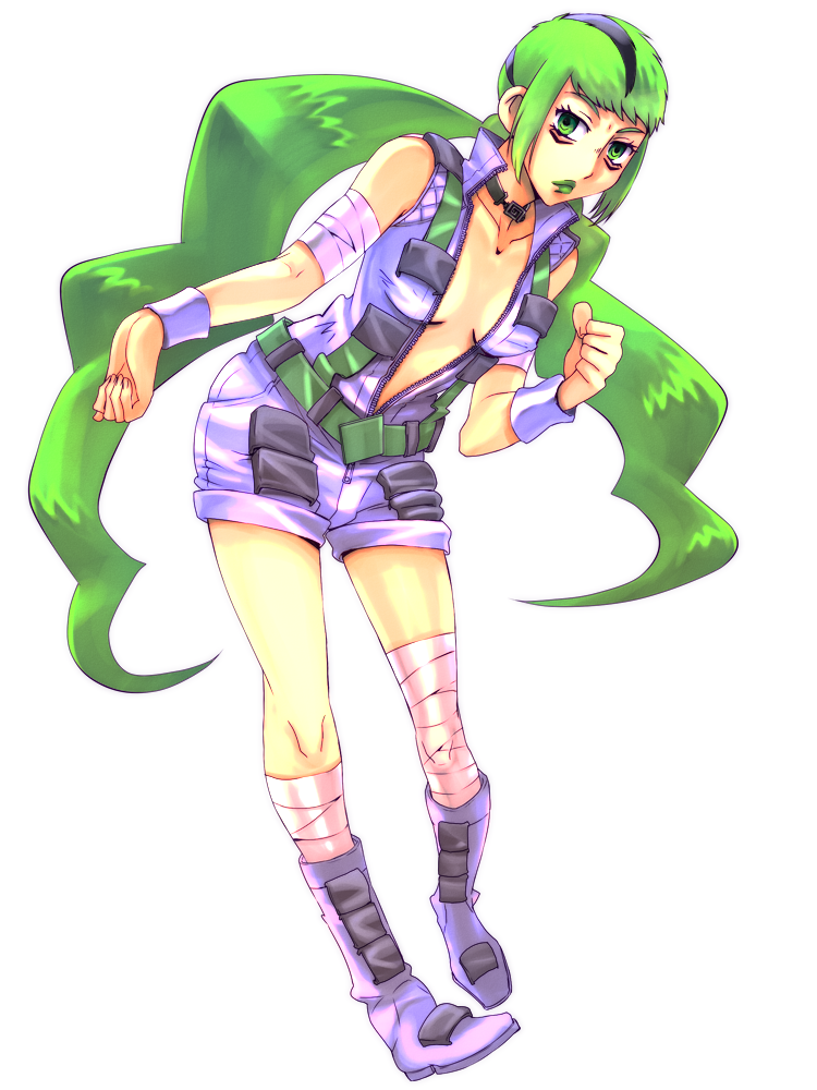 bags_under_eyes bandaged_arm bandaged_leg bandages black_hair boots donatello_versus full_body genderswap genderswap_(mtf) green_eyes green_hair green_lips jojo_no_kimyou_na_bouken multicolored_hair saksak69 shorts standing stone_ocean striped_hair twintails two-tone_hair v-neck