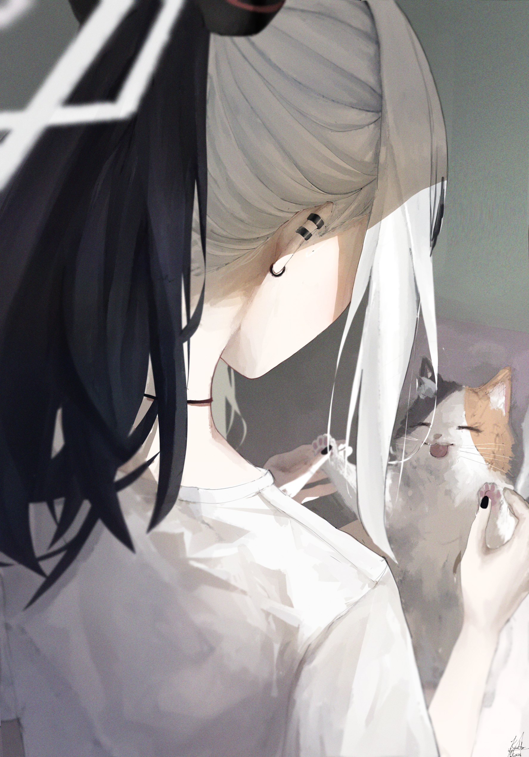 1girl absurdres black_hair black_nails blue_archive calico cat earclip earrings from_behind halo highres jewelry kayoko_(blue_archive) kyatto-mikazu multicolored_hair ponytail shirt solo two-tone_hair white_hair white_halo white_shirt
