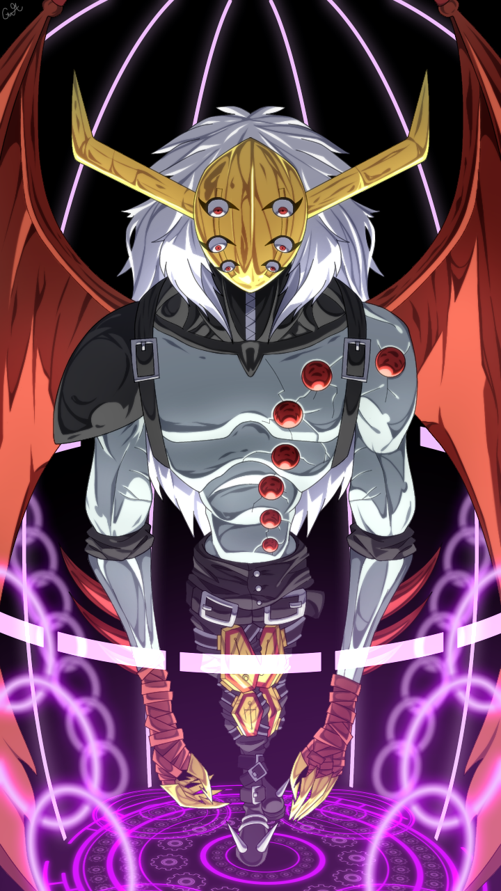 1boy belt claws demon demon_boy digimon highres male_focus mask neodevimon solo wings