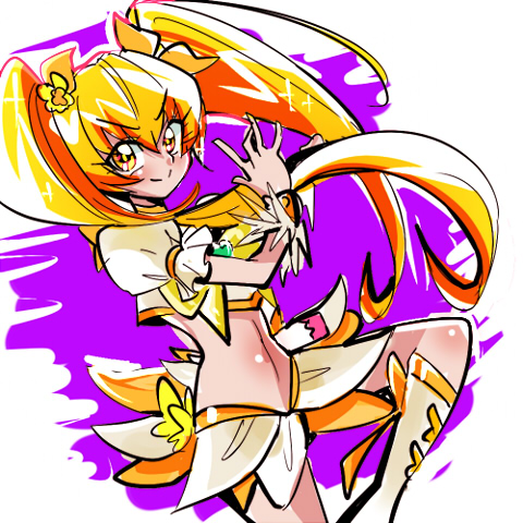 10s 1girl biho_(tsuinku) blonde_hair boots bow brooch choker crop_top cure_sunshine female_focus heart heart_brooch heartcatch_precure! jewelry knee_boots long_hair lowres magical_girl midriff miniskirt myoudouin_itsuki navel precure purple_background skirt smile solo twintails wrist_cuffs yellow_bow yellow_eyes