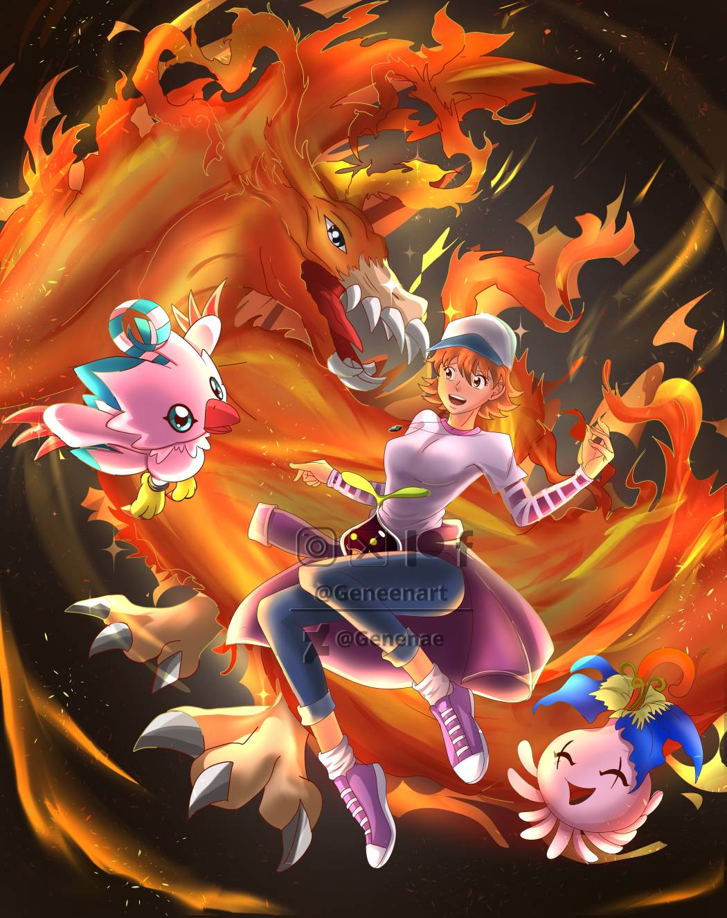 1girl alternate_costume baseball_cap bird birdramon brown_eyes commission deviantart digimon digimon_adventure_-beyond- fiery_background fire genenaeart hat highres jacket pink_jacket pink_shirt pink_shoes piyomon plant red_hair shirt shoes sneakers watermark