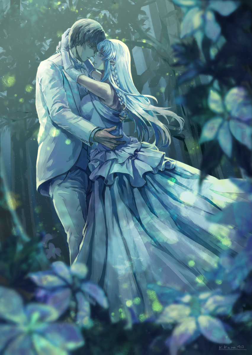 1boy 1girl bare_shoulders black_hair blue_eyes blue_hair bow bowtie braid breasts commentary_request couple dress elbow_gloves eye_contact fate/stay_night fate_(series) flower forest gloves highres hug kara413 kuzuki_souichirou long_dress long_hair looking_at_another medea_(caster)_(fate) medea_(fate) medium_breasts nature pointy_ears side_braid tree tuxedo wedding_dress