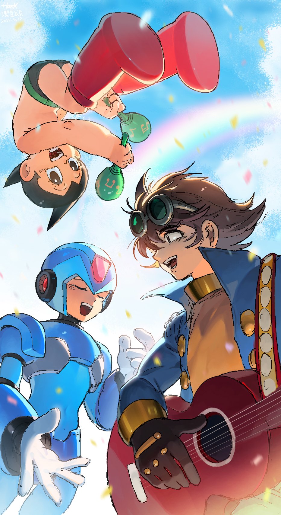 3boys android armor atom_(tetsuwan_atom) blue_armor blue_helmet blue_jacket brown_hair buzzsaw_(6631455) character_request closed_eyes copyright_request crossover forehead_jewel goggles goggles_on_head group_picture helmet highres humanoid_robot jacket mega_man_(series) mega_man_x_(series) multiple_boys music playing_guitar playing_instrument robot singing tetsuwan_atom