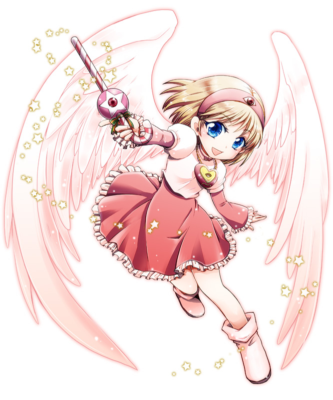 00s 1girl akiyoshi_sadanori baton blonde_hair blue_eyes boots circle_skirt dai_mahou_touge dress female_focus full_body jewelry magical_girl necklace solo star_(symbol) tanaka_punie wand wings