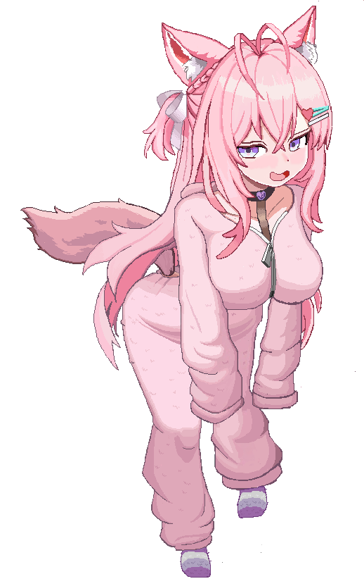 1girl animal_ears antenna_hair black_choker blue_eyes blush braid breasts choker cl_oor clothing_cutout collarbone commentary crossed_bangs grey_socks hair_ornament hair_ribbon hairclip hakui_koyori heart heart_choker heart_hair_ornament hololive hood hoodie huge_breasts leaning_forward long_hair long_sleeves looking_to_the_side multicolored_eyes multicolored_socks nervous_smile one_side_up open_mouth pajamas pink_hair pink_hoodie pink_pajamas pink_tail pixel_art purple_eyes purple_socks ribbon simple_background sleeves_past_fingers sleeves_past_wrists smile socks solo striped_clothes striped_socks tail tail_through_clothes transparent_background two-tone_eyes virtual_youtuber white_ribbon wolf_ears wolf_girl wolf_tail zipper_pull_tab