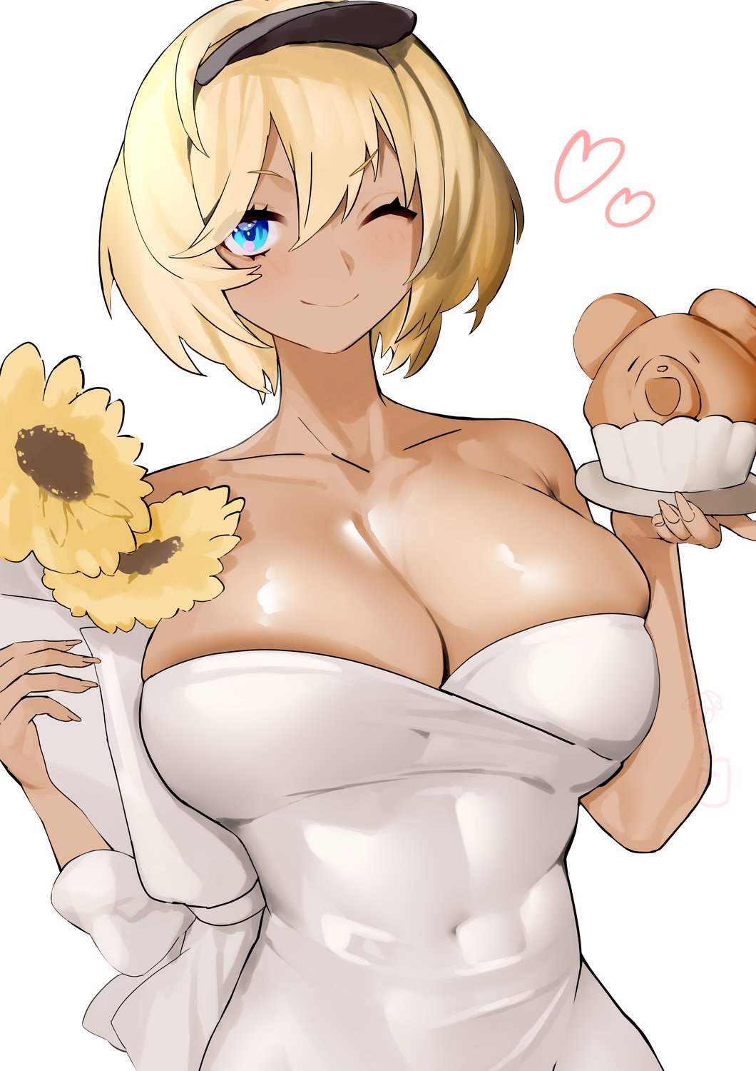1girl aiushi_(lovecowjp) alternate_costume azur_lane bad_id bad_twitter_id blonde_hair blue_eyes breasts california_(azur_lane) cleavage covered_navel dress flower food heart highres holding holding_flower holding_food huge_breasts one_eye_closed short_hair simple_background skindentation sleeveless sleeveless_dress solo strapless strapless_dress sunflower taut_clothes taut_dress white_background white_dress