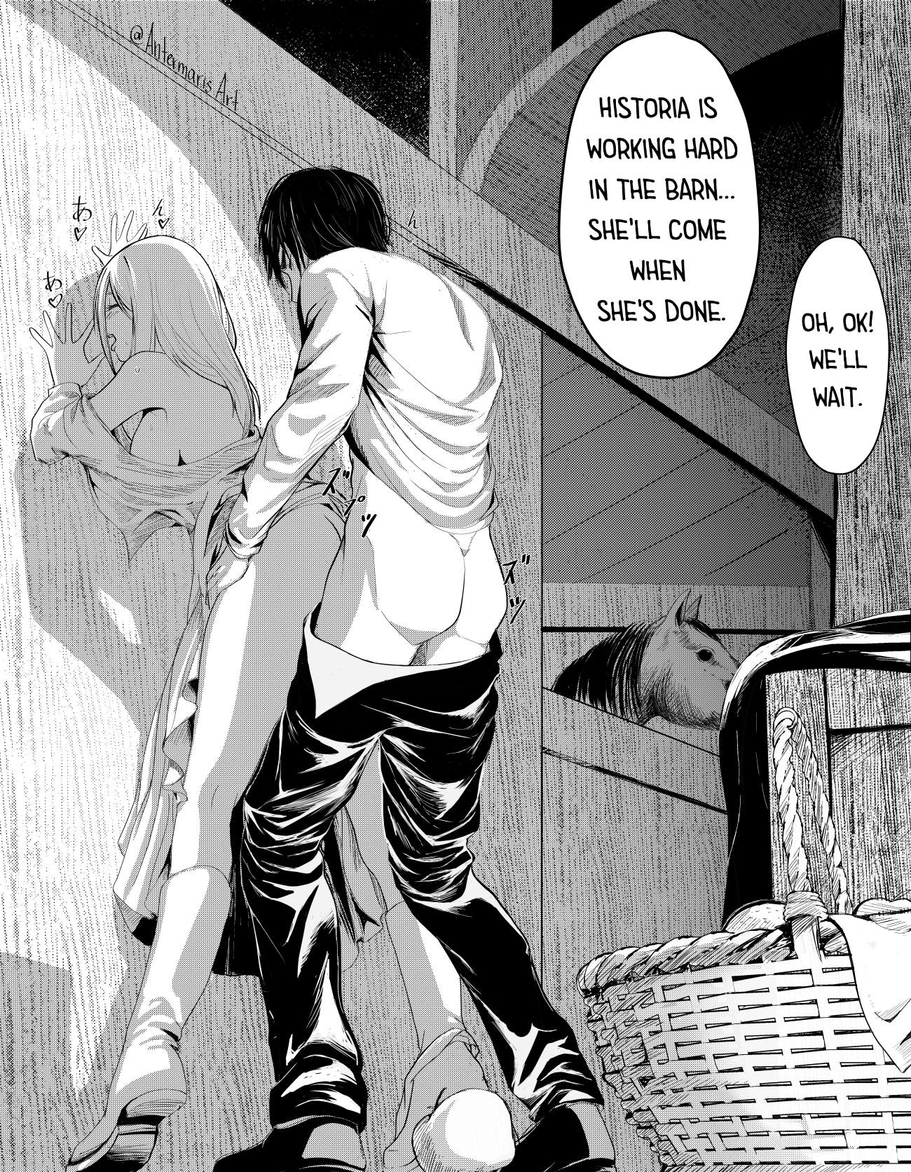 antermarisart, eren yeager, krista lenz, shingeki no kyojin, highres, 1boy,  1girl, ass, barn, boots, breasts, clothed sex, english text, eren and  historia (attack on titan), greyscale, happy sex, hetero, horse, indoors,  medium