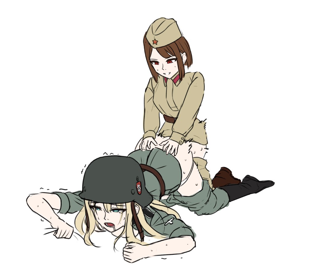 1futa 1girl belt black_boots blanket_grab blonde_hair blue_eyes boots breasts brown_boots brown_eyes brown_hair clenched_hand clothes_pull collar_tabs combat_boots combat_helmet doggystyle drooling futa_with_female futanari garrison_cap german_army grabbing_another&#039;s_ass grey_jacket grey_pants groping hands_on_another&#039;s_ass hat helmet jacket klamol long_hair looking_at_another matching_hair/eyes medium_breasts military_combat_uniform military_hat military_uniform motion_lines nazi original panties pants pants_pull panty_pull patch red_star reichsadler schutzstaffel sex sex_from_behind short_hair shoulder_boards shoulder_patch sleeves_rolled_up smile soviet soviet_army stahlhelm star_(symbol) swastika sweat underwear waffen-ss white_background white_panties world_war_ii
