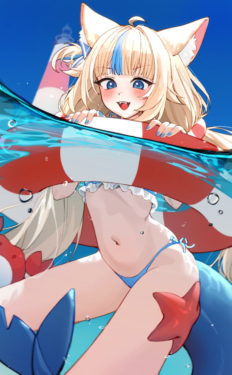 1girl :3 ahoge animal_ear_fluff animal_ears animal_on_leg bikini blonde_hair blue_bikini blue_eyes blue_hair blue_nails blush bubble cat_ears commentary cowboy_shot crab fangs fins fish_girl fish_tail frilled_bikini frills highres holding holding_swim_ring in_water indie_virtual_youtuber innertube lifebuoy_hair_ornament lighthouse long_hair low_twintails multicolored_hair nail_polish navel one_side_up open_mouth partially_underwater_shot sameko_saba sky smile solo starfish streaked_hair swim_ring swimsuit tail tongue twintails very_long_hair virtual_youtuber water waytok