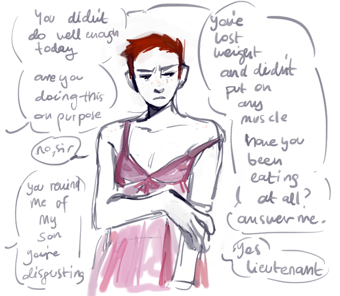 1boy anatoly_krushevski_(hoesmadder) body_freckles buzz_cut crossdressing english_text freckles hoesmadder insult lingerie looking_to_the_side nipples original red_hair short_hair underwear very_short_hair