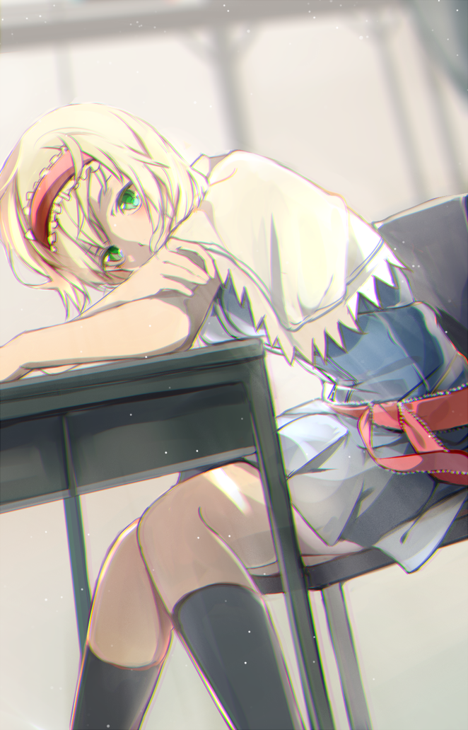 1girl alice_margatroid belt black_socks blonde_hair blue_dress blush capelet chair chromatic_aberration crossed_arms desk dress dutch_angle female_focus frills from_side green_eyes hairband head_tilt kneehighs leaning_forward looking_at_viewer looking_to_the_side radiosity_(yousei) school_desk short_hair socks solo table thighs touhou