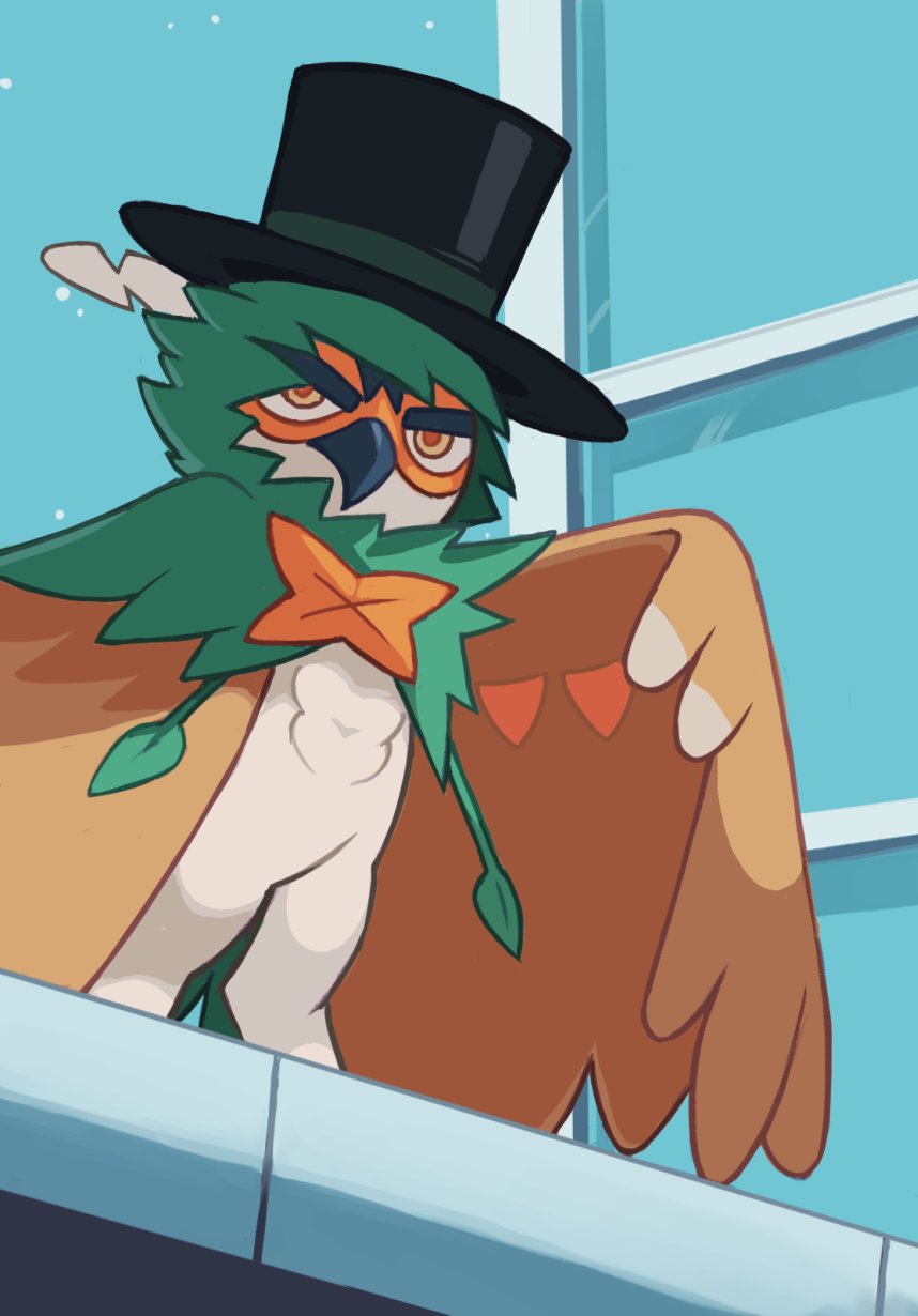 bird building cosplay crossover decidueye feathers gen_7_pokemon glass hat highres mask mateus_upd monster nintendo owl pokemon sailor_moon top_hat tuxedo_kamen tuxedo_kamen_(cosplay) wings