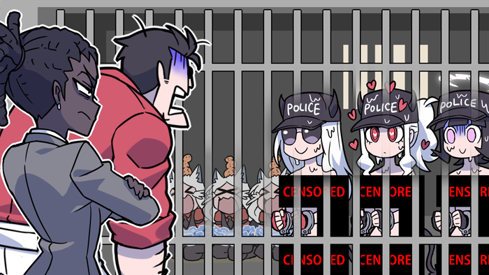 &gt;_&lt; 1boy 6+girls angel animal_ears arm_hair azazel_(helltaker) bar_censor blue_eyes bound bound_wrists breasts censored cerberus_(helltaker) chain chained cornrows crossed_arms crying cuffs dark-skinned_female dark_skin demon_girl demon_horns dog_girl earrings english_text formal_clothes halo handcuffs hat head_bump heart heart-shaped_pupils helltaker helltaker_(character) horns horns_through_headwear implied_nudity indoors iron_bars jewelry justice_(helltaker) kneeling kyo-hei_(kyouhei) medium_hair modeus_(helltaker) multiple_girls multiple_head_bumps necktie open_mouth partially_shaded_face police_(helltaker) police_hat prison prison_cell red_eyes red_shirt restrained shirt short_hair sleeves_rolled_up smile suit sunglasses symbol-shaped_pupils triplets very_dark_skin wet white_hair