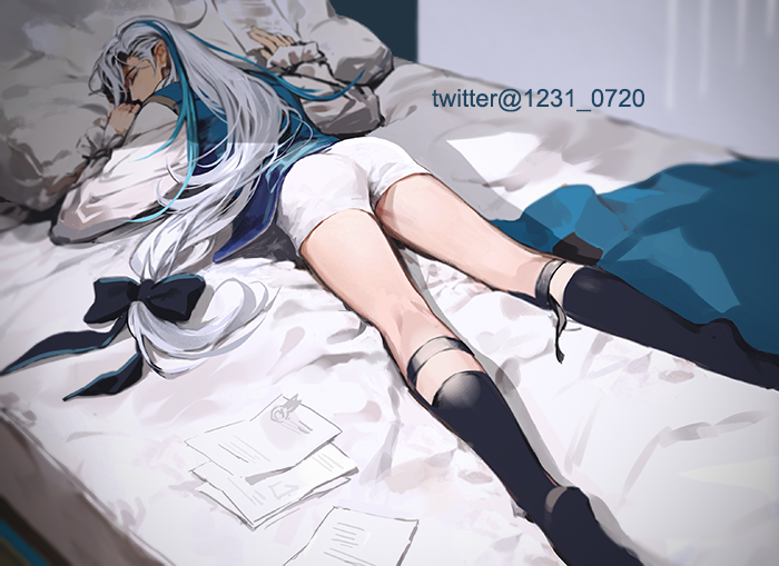 1boy artist_name asymmetrical_bangs bed bed_sheet black_bow black_socks blue_hair blue_vest bow closed_eyes commentary commentary_request english_commentary frilled_sleeves frills genshin_impact hair_between_eyes hair_bow indoors korean_commentary long_hair long_sleeves low-tied_long_hair lying male_focus male_underwear mixed-language_commentary multicolored_hair neuvillette_(genshin_impact) np_(1231_0720) on_bed on_stomach paper parted_bangs pillow pointy_ears shirt sleeping socks solo streaked_hair twitter_username underwear very_long_hair vest white_hair white_male_underwear white_shirt