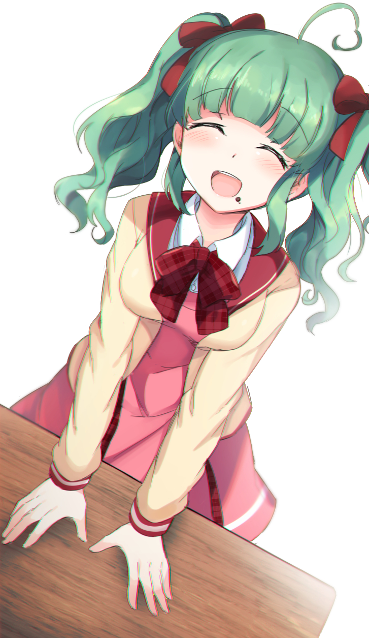 1girl 5p_(opi_32) ahoge battle_girl_high_school bow brown_jacket closed_eyes dress eyelashes food food_on_face green_hair hands_on_table highres jacket long_hair long_sleeves open_mouth pink_dress plaid_bow red_ribbon ribbon sadone shirt simple_background solo twintails white_background white_shirt