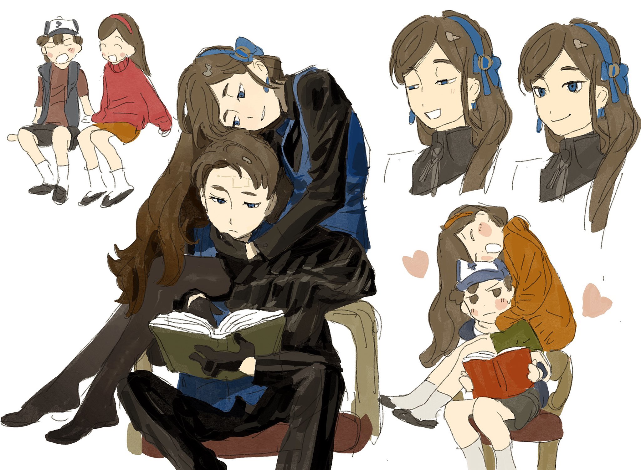 1boy 1girl ^_^ alternate_universe baseball_cap black_gloves black_pants black_pantyhose black_shirt black_skirt blue_eyes blue_headband blue_vest blush book brown_eyes brown_hair carrying closed_eyes collared_shirt commentary dipper_gleeful dipper_pines earrings expressionless facial_mark forehead_mark gloves grabbing_another's_chin gravity_falls grin half-closed_eyes hand_on_another's_chin hat headband heart highres holding holding_book jewelry kneehighs long_sleeves looking_at_another ma_fu mabel_gleeful mabel_pines multiple_views no_shoes pants pantyhose parted_hair pleated_skirt princess_carry reading red_headband red_sweater reverse_falls_(gravity_falls) shirt shorts siblings side_part sidelocks sitting sitting_on_shoulder sketch skirt smile socks sweatdrop sweater symbol-only_commentary t-shirt turtleneck turtleneck_sweater vest waistcoat white_background white_socks yellow_headband yellow_skirt yellow_sweater