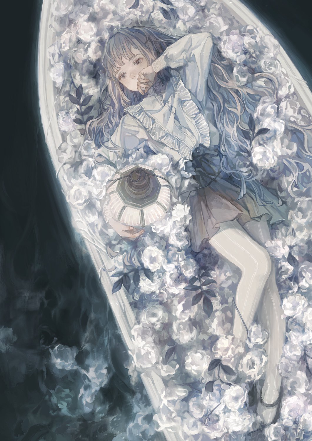 1girl bed_of_roses black_background black_footwear black_skirt covering_own_mouth flower full_body grey_eyes grey_hair hair_spread_out hand_over_own_mouth highres holding holding_lantern hotatenshi lantern long_hair long_sleeves looking_at_viewer lying on_back original pantyhose plant pleated_skirt rose shirt skirt solo white_flower white_pantyhose white_rose white_shirt