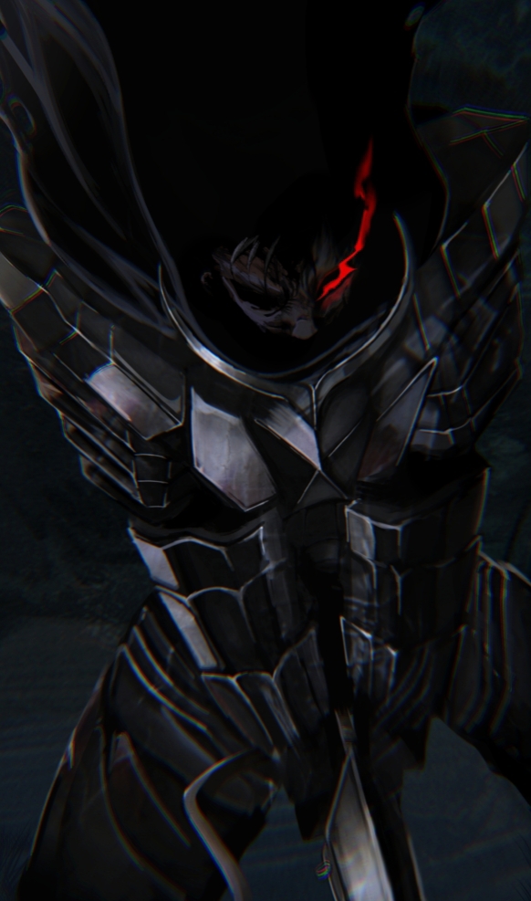 1boy armor berserk black_armor black_cape black_theme breastplate cape feet_out_of_frame gauntlets glowing glowing_eye guts_(berserk) holding holding_sword holding_weapon male_focus obscured_eyes pauldrons satsu-strive shoulder_armor solo sword two-handed_sword weapon