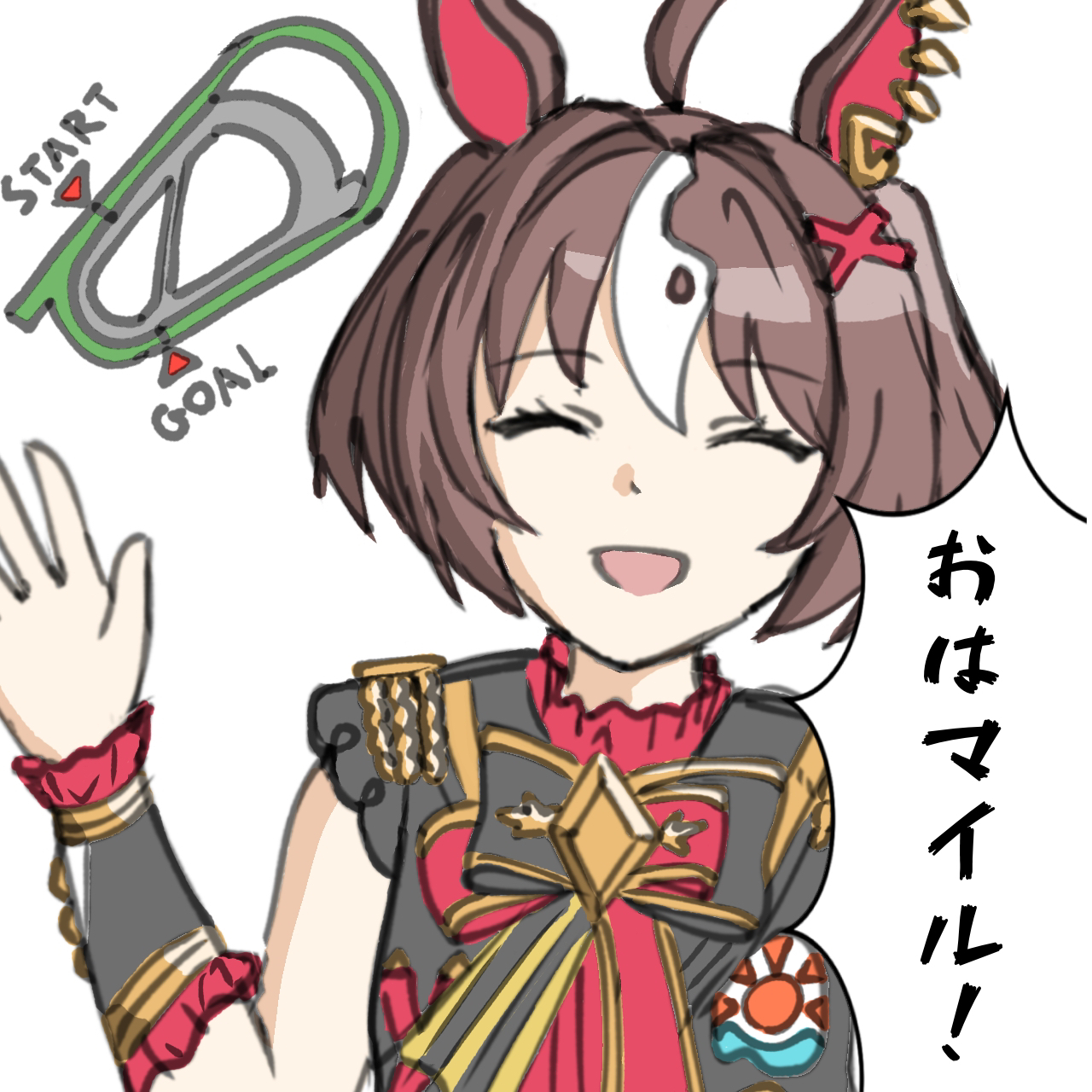 1girl ahoge animal_ears breasts brown_hair closed_eyes commentary_request dabai0706 english_text gran_alegria_(umamusume) hair_between_eyes hair_ornament highres horse_ears looking_at_viewer medium_breasts medium_hair portrait racetrack ribbon simple_background translation_request umamusume waving white_background x_hair_ornament