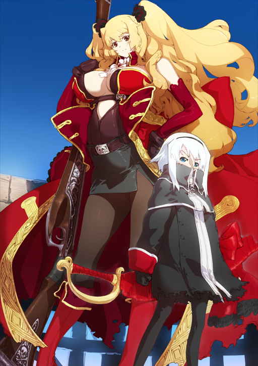 2girls anne_bonny_(fate) arm_at_side ascot belt belt_buckle black_coat black_gloves black_hairband black_pants black_skirt blonde_hair blue_background blue_eyes boots breasts brooch brown_belt brown_gloves brown_leotard brown_pantyhose buckle buttons clenched_hand closed_mouth coat collar contrapposto covered_mouth detached_collar detached_sleeves fate/grand_order fate_(series) feet_out_of_frame gloves gold_trim gun hairband hand_on_own_hip hand_up height_difference high_collar huge_weapon i-iv_(longman) jewelry large_breasts legs_apart leotard long_coat long_hair long_sleeves looking_at_viewer mary_read_(fate) miniskirt multiple_girls official_art open_clothes open_coat pants pantyhose petite plunging_neckline red_boots red_coat red_collar red_eyes red_sleeves rifle scar scar_on_face short_hair side_slit sidelocks skirt sleeveless strapless strapless_leotard sword third-party_source two_side_up underbust v-shaped_eyebrows variant_set weapon white_ascot white_hair