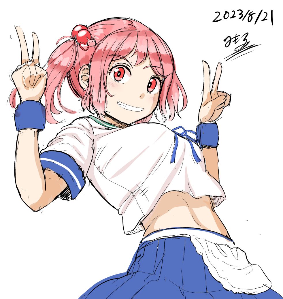 1girl alternate_breast_size apron artist_name blue_sailor_collar blue_skirt breasts cowboy_shot dated double_v frilled_apron frills grin hair_bobbles hair_ornament kantai_collection medium_breasts mimofu_(fullhighkick) navel pink_eyes pleated_skirt red_eyes sailor_collar sazanami_(kancolle) shirt short_hair simple_background skirt smile solo twintails v white_apron white_background white_shirt wrist_cuffs