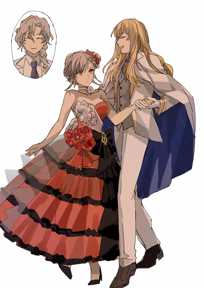 1girl 2boys bare_shoulders bishounen black_dress blonde_hair braid breasts cape choker collarbone dancing dress closed_eyes fate/grand_order fate_(series) flower formal_clothes gloves grey_vest hair_flower hair_ornament hair_up kirschtaria_wodime large_breasts long_hair marisbury_animusphere multiple_boys olga_marie_animusphere olga_marie_animusphere_(afternoon_party) orange_dress orange_flower orange_rose rose side_braid smile strapless strapless_dress suit tsengyun two-tone_dress vest white_background white_cape white_choker white_flower white_gloves white_hair white_rose white_suit