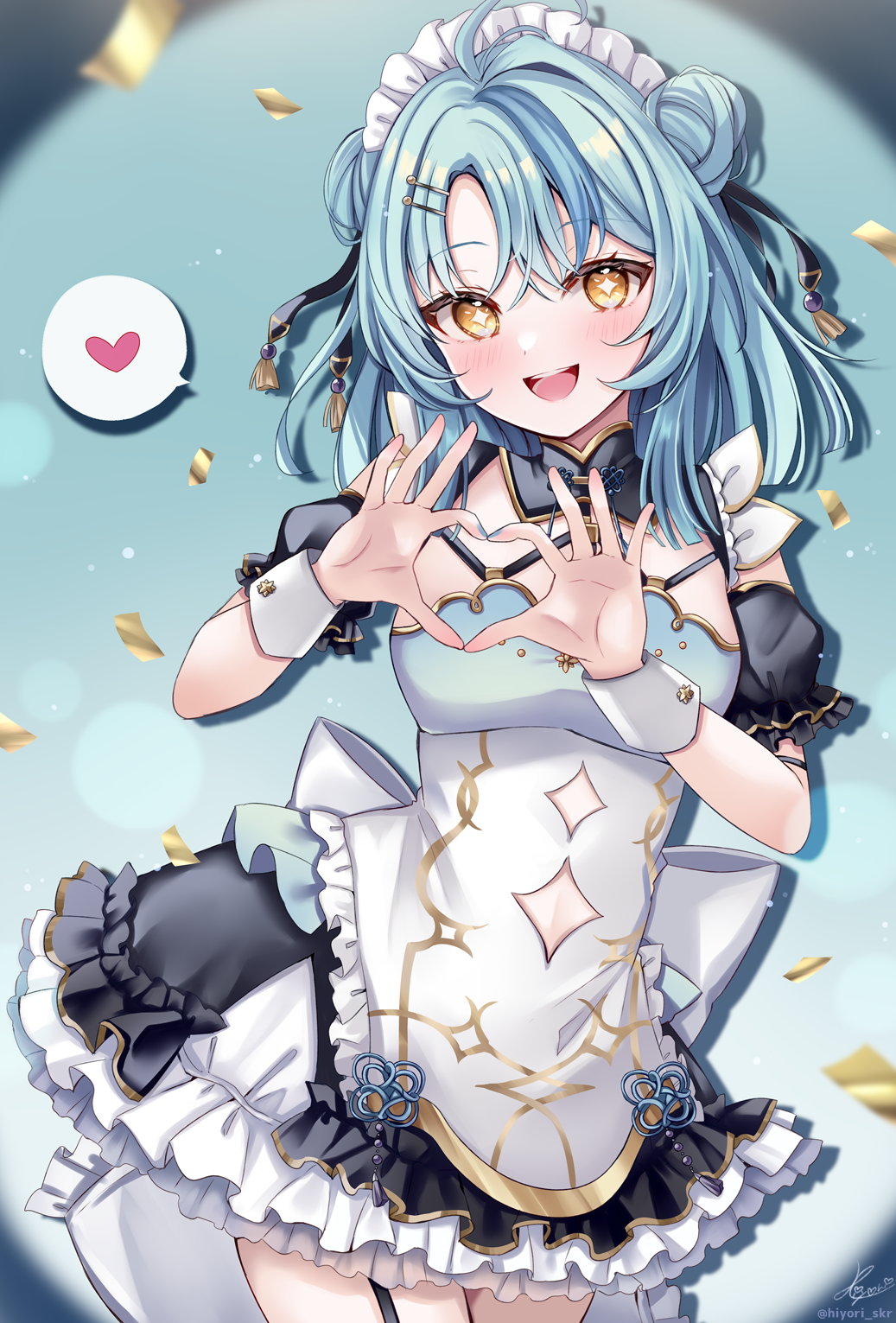 +_+ 1girl aqua_background aqua_hair arm_cuffs back_bow blurry blurry_foreground blush bow commentary_request confetti cowboy_shot detached_collar double_bun dress drop_shadow four-finger_heart_hands gradient_background hair_bun heart heart_hands highres looking_at_viewer nijisanji open_mouth sakura_hiyori short_hair simple_background smile solo spoken_heart spotlight tamanoi_nana virtual_youtuber white_bow white_dress white_wrist_cuffs wrist_cuffs yellow_eyes