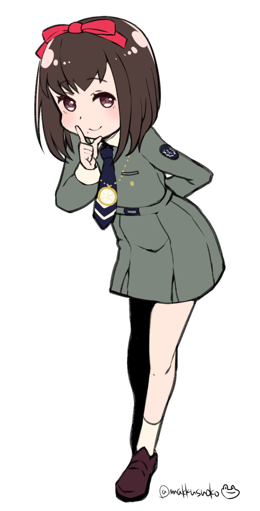 1girl brown_eyes brown_hair closed_mouth do_m_kaeru full_body hair_ribbon index_finger_raised jewelry looking_at_viewer mole mole_under_mouth necklace necktie persona persona_1 ribbon school_uniform short_hair simple_background skirt smile socks solo sonomura_maki st._hermelin_school_uniform twitter_username white_background