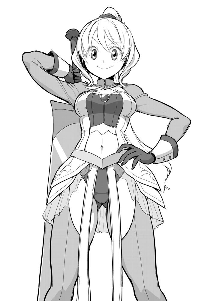 1girl breasts closed_mouth cowboy_shot dot_nose from_below gloves greyscale hair_between_eyes holding holding_sword holding_weapon ken_(koala) long_hair long_sleeves looking_at_viewer magia_record:_mahou_shoujo_madoka_magica_gaiden magical_girl mahou_shoujo_madoka_magica medium_breasts monochrome navel ponytail sidelocks simple_background smile solo standing sword togame_momoko weapon white_background
