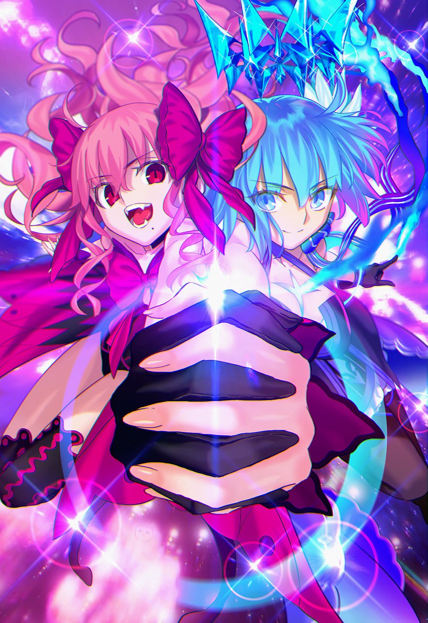 2girls ahoge aora bare_shoulders black_dress black_gloves black_thighhighs blue_eyes blue_hair bow breasts brown_pantyhose c.i.e.l_(fate) c.i.e.l_(third_ascension)_(fate) ciel_(tsukihime) crown dead_apostle_noel_(tsukihime) detached_sleeves dress fate/grand_order fate_(series) floating_crown flower gloves hair_bow hair_flower hair_ornament highres holding_hands large_breasts long_hair looking_at_viewer medium_breasts multiple_girls noel_(tsukihime) open_mouth pantyhose pink_bow pink_hair purple_dress red_eyes short_hair smile thighhighs