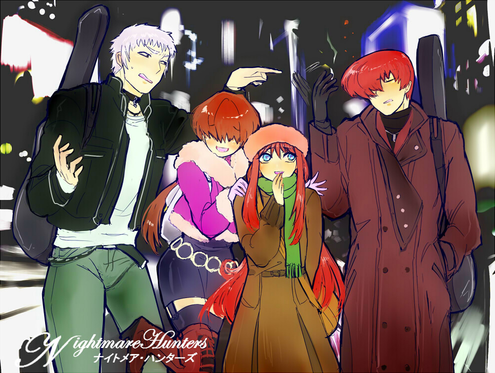 00s 2boys 2girls blue_eyes crossover guitar_case hairband instrument_case jacket leather leather_jacket long_hair m.u.g.e.n multiple_boys multiple_girls nanakase_yashiro red_eyes red_hair shermie_(kof) silver_hair skirt smile tarakoutibiru the_king_of_fighters tohno_akiha tohno_akiha tsukihime vermillion_akiha very_long_hair yagami_iori