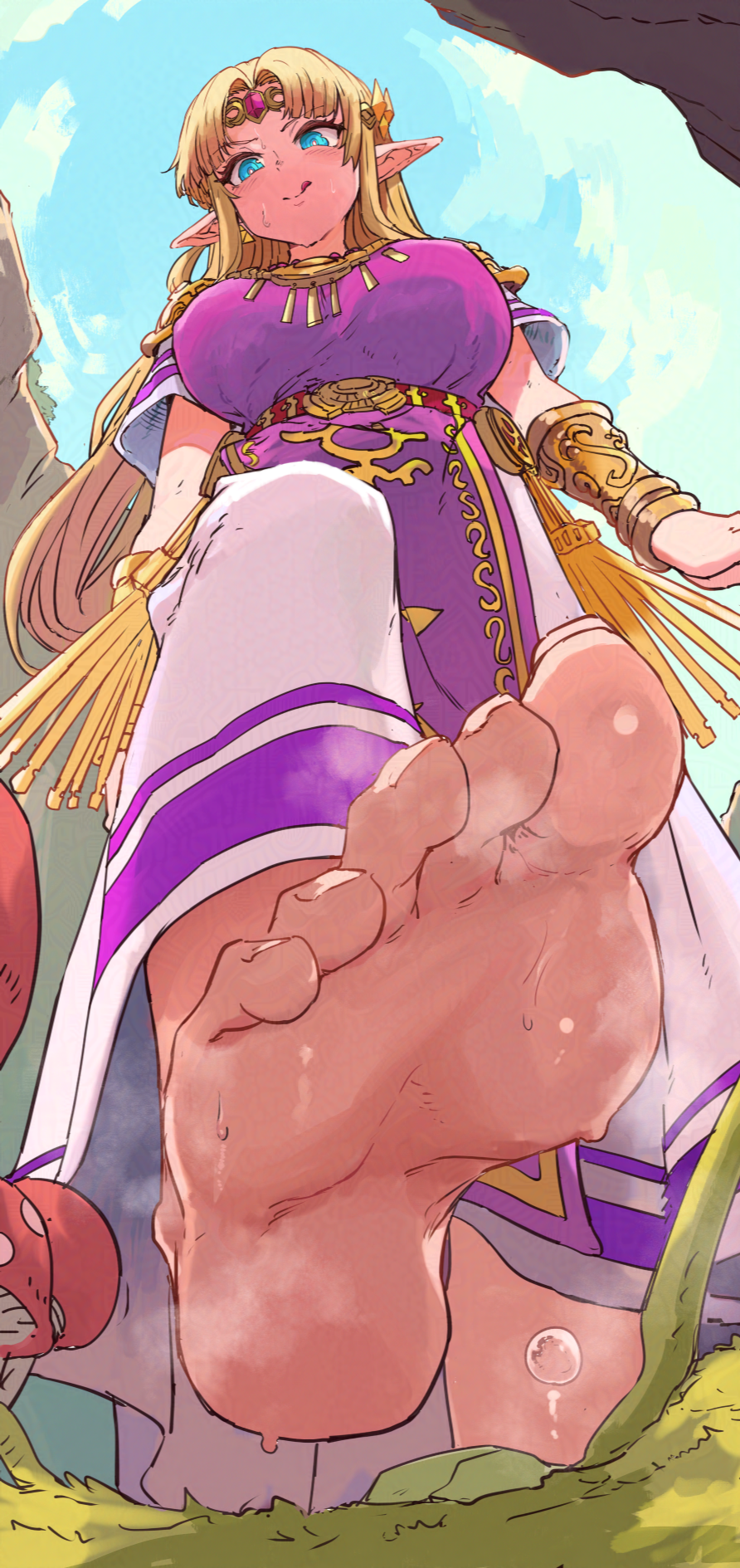 1girl barefoot blonde_hair blue_eyes blue_sky blurry blush bracelet breasts closed_mouth commentary_request curtained_hair day dress feet foot_focus forehead_jewel from_below gold_bracelet grass headband highres ishijimajirou jewelry large_breasts looking_at_viewer looking_down mushroom necklace nintendo outdoors pointy_ears princess_zelda purple_tabard shoulder_pads sky smile soles solo steaming_body super_smash_bros. sweat tabard the_legend_of_zelda the_legend_of_zelda:_a_link_between_worlds the_legend_of_zelda:_a_link_to_the_past tongue tongue_out walking white_dress