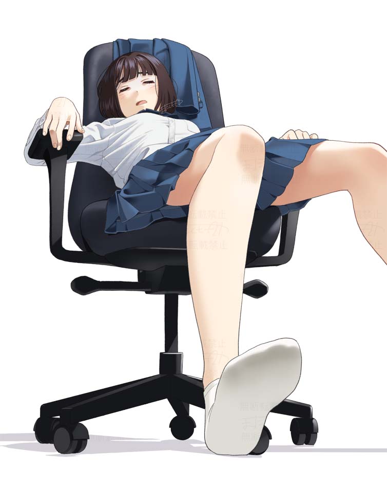 1girl ankle_socks arm_rest artist_name blazer blue_bow blue_bowtie blue_jacket blue_skirt blunt_bangs bob_cut bow bowtie breasts brown_hair chair collared_shirt commentary dress_shirt foot_out_of_frame foreshortening from_below half-closed_eyes jacket light_blush long_sleeves loose_hair_strand mattaku_mousuke office_chair on_chair open_mouth original pleated_skirt raised_eyebrows school_uniform shadow shirt short_hair signature simple_background sitting skirt sleeping slumped small_breasts socks solo swivel_chair unworn_jacket white_background white_shirt white_socks