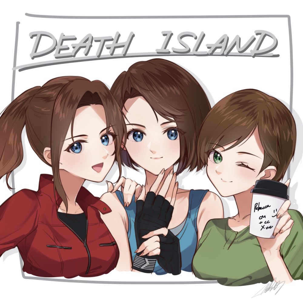 3girls :d black_thighhighs blue_eyes blue_tank_top brown_hair claire_redfield closed_mouth collarbone cup english_text fingerless_gloves gloves green_shirt green_sleeves hand_on_another&#039;s_shoulder holding holding_cup jacket jill_valentine looking_at_viewer mar0maru medium_hair multiple_girls one_eye_closed open_hand open_mouth parted_bangs rebecca_chambers red_jacket red_sleeves resident_evil resident_evil:_death_island shirt short_hair simple_background smile tank_top thighhighs upper_body white_background