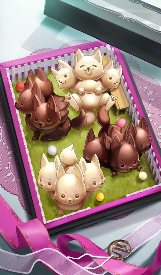 animal-themed_food box cerberus chocolate chocolate_river_no_sono_saki_ni commentary_request dog doily fate/grand_order fate_(series) food food_art food_focus in_box in_container lid no_humans official_art open_box pink_ribbon ribbon still_life suzuki_shouko_(lasengle) third-party_source white_chocolate